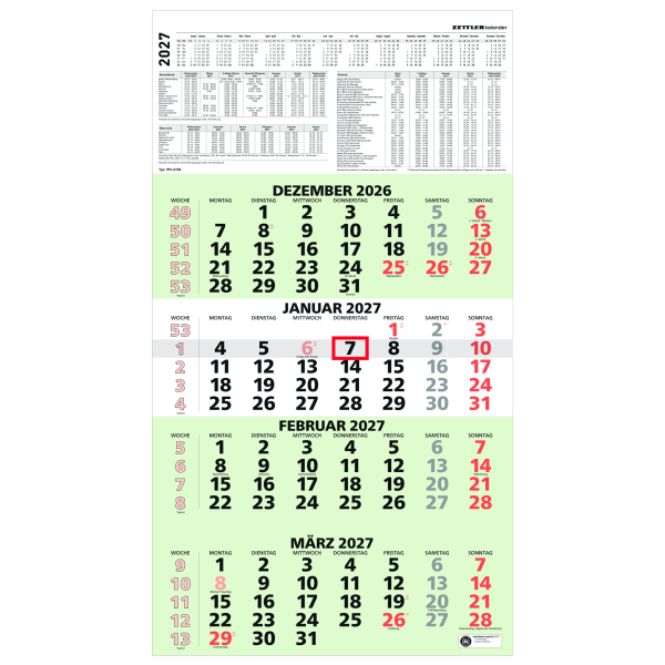 Zettler Wandkalender 959-0700, 33x58,5cm (BxH), Heftbindung, deutsch, 4 sichtbare Monatsblöcke mit Datumschieber, Sonn- und Feiertage fa