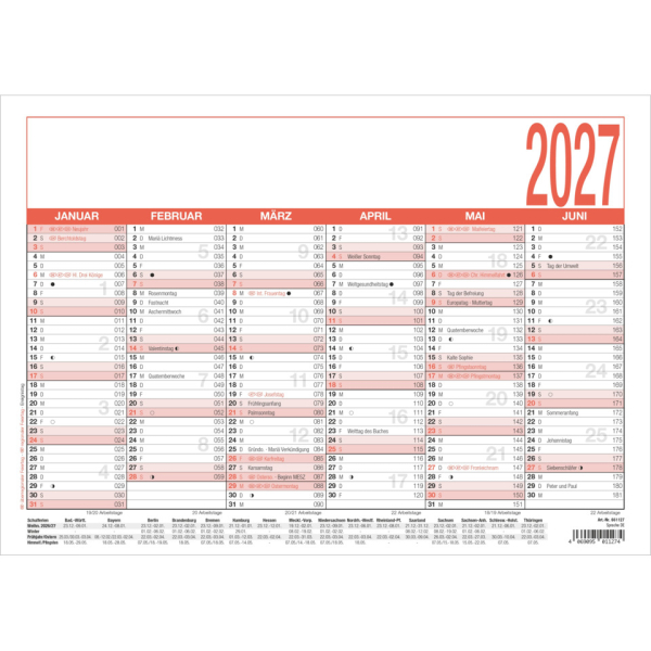 Zettler Tafelkalender 907-0000, 907, 6 Monate / 1 Seite, 29,7x21cm (BxH) (A4), 2027 4069095011274 Zettler