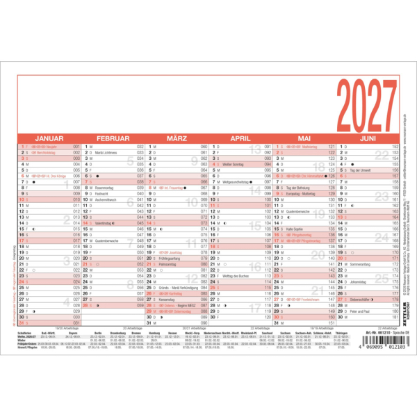 Zettler Tafelkalender 904-0000, 904, 6 Monate / 1 Seite, 21x14,8cm (BxH) (A5 quer), 2027 4069095012103 Zettler