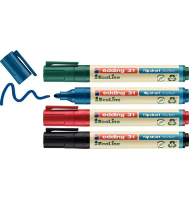 Flipchartmarker 31 Ecoline, 31-4s, Packung, rot,blau,gr&uuml;n,schwarz, 1,5-3mm Rundspitze