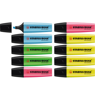 Textmarker-Set BOSS ORIGINAL, 70/10-1, Etui, farbig sortiert (4xgelb/2x gr&uuml;n/pink/blau), 2-5mm Keilspitze