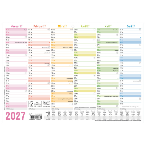 Häfft Plakatkalender 11363-5, 6 Monate / 1 Seite, 29,7x21cm (A4 quer), 2027