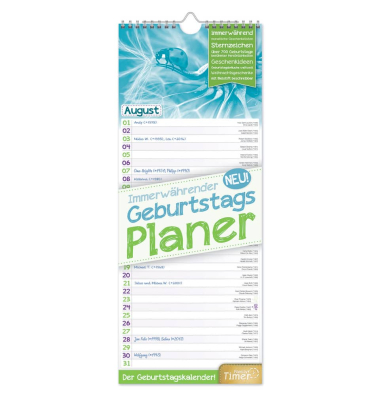 Geburtstagskalender 3391-6, 1 Monat / 1 Seite, 1 Spalte pro Seite, 42x16,5cm, Jahresunabh&auml;ngig