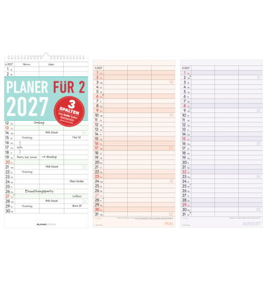Familienkalender 103625, XL, Planer f&uuml;r 2, 1 Monat / 1 Seite, 3 Spalten, 22x45cm, 2027