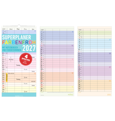 Familienkalender 103622, Farbenfroh, 1 Monat / 1 Seite, 4 Spalten, 22x45cm (22x45cm), Ringbindung, deutschsprachig, Feiertage f&uuml;