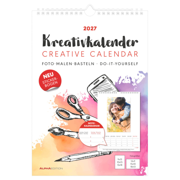 ALPHA EDITION Bastelkalender 103653, Foto-Bastelkalender, 1 Monat / 1 Seite, 21x29,7cm (A4), gestaltbares Titelblatt, Drahtbindung, 4-sprachig