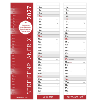 Streifenkalender 103870, Notizkalender XL, 1 Monat / 1 Seite, 11,3x79cm, 2027