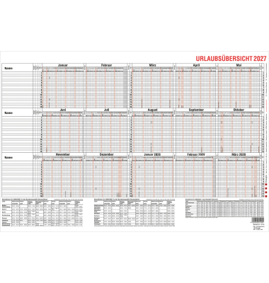 Urlaubsplaner 12-54, 15 Monate / 1 Seite, 46x30cm, f&uuml;r 15 Mitarbeiter, 2027