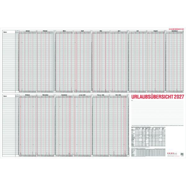 GÜSS Urlaubsplaner 2020 f. 60 Mitarbeiter, 12-80: DIN A0 - 190 g/m² Postkartenkarton - 2-farbiger Druck - Schulferienübersicht - Zeilenhöhe: 6mm - Größe: 120 cm x 84cm