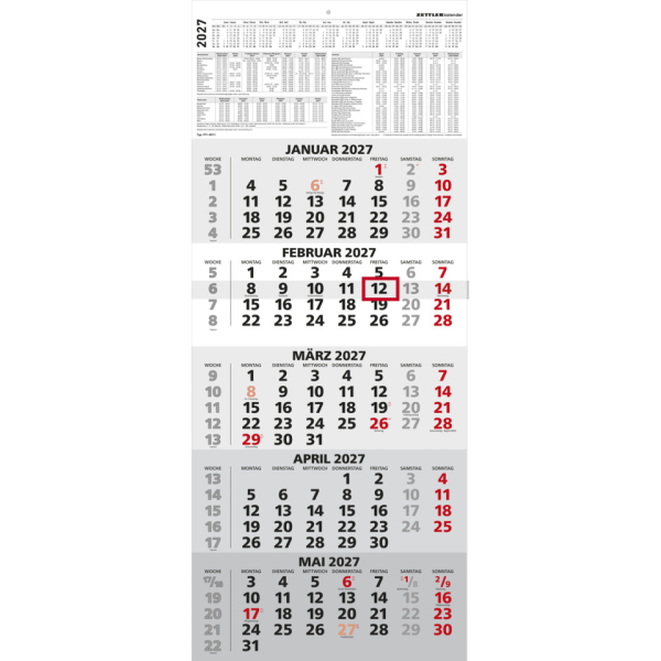Zettler Fünfmonatskalender 660174, 5 Monate / 1 Seite, 30x72cm, 2027 4069095012448 Zettler