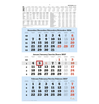 Dreimonatskalender 958-0015, 3 Monate / 1 Seite, 29,7x56,5cm, 3 Monate/1 Seite,, 2027