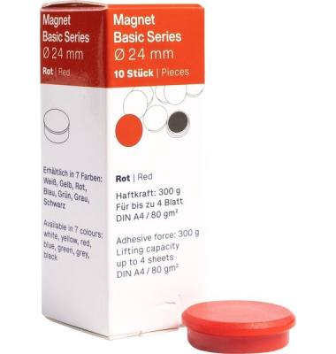 Magnet Basic-Series 24 mm, Haftkraft 300 g, 10 St&uuml;ck, rot