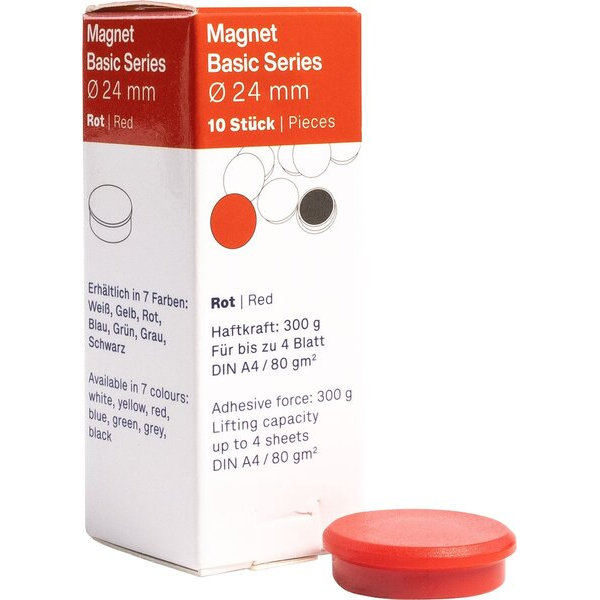 Magnetoplan Magnet Basic-Series 24 mm, Haftkraft 300 g, 10 Stück, rot 4013695069517 Magnetoplan 10 Stück