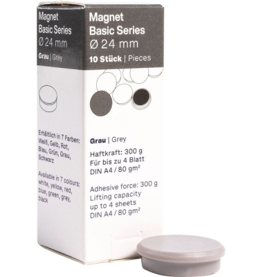 Magnet Basic-Series 24 mm, Haftkraft 300 g, 10 St&uuml;ck, grau