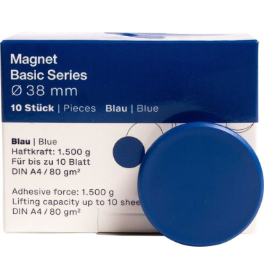 Magnet Basic-Series 38 mm, Haftkraft 1500 g, 10 St&uuml;ck, blau
