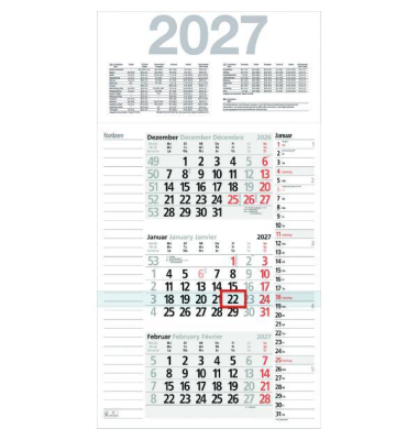Dreimonatskalender M3KPN, Kombiplan, 3 Monate / 1 Seite, 30x56cm, 2027