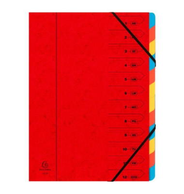 Ordnungsmappe Echter Colorspan-Karton 54125E, 1-12, rot, Din A4, 12 F&auml;cher