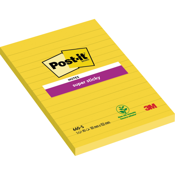 Post-it Haftnotizen 660-S, Super Sticky Notes, 102x152mm, ultragelb, liniert, rechteckig 4001895877131 Post-it 75 Blatt