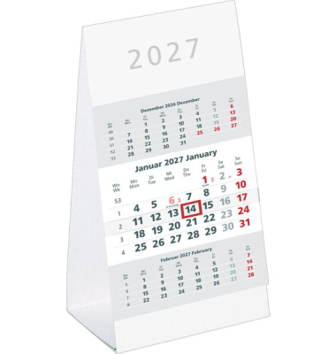 3-Monats-Tischkalender, 3 Monate1 Seite, 10,5 x 21 cm, Datumsschieber rot