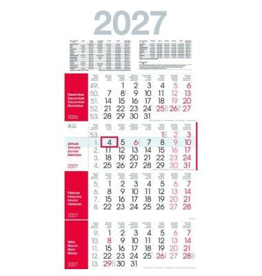 Viermonatskalender M4R1_ROT, 4 Monate / 1 Seite, 30x59cm, 1 durchg&auml;ngiger Kalenderblock mit 12 Monatsbl&auml;ttern, Abrei&szlig;perforation