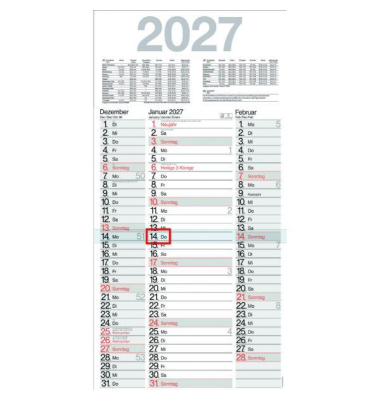 Plakatkalender LY-M3TE, Terminus, 3 Monate / 1 Seite, 30x59cm, 2027