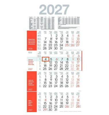 Viermonatskalender M4R1_ORANGE, 4 Monate / 1 Seite, 30x59cm, 2027