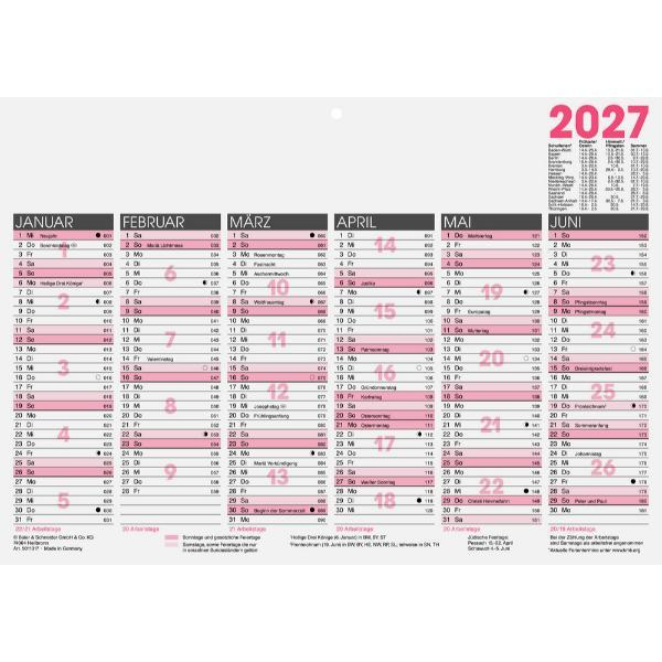 Glocken Plakatkalender 5011317005, 6 Monate / 1 Seite, 29,7x21cm (A4 quer), 1 Seite/ 6 Monate, Samstag/Sonntag und Feiertage rot, Karton