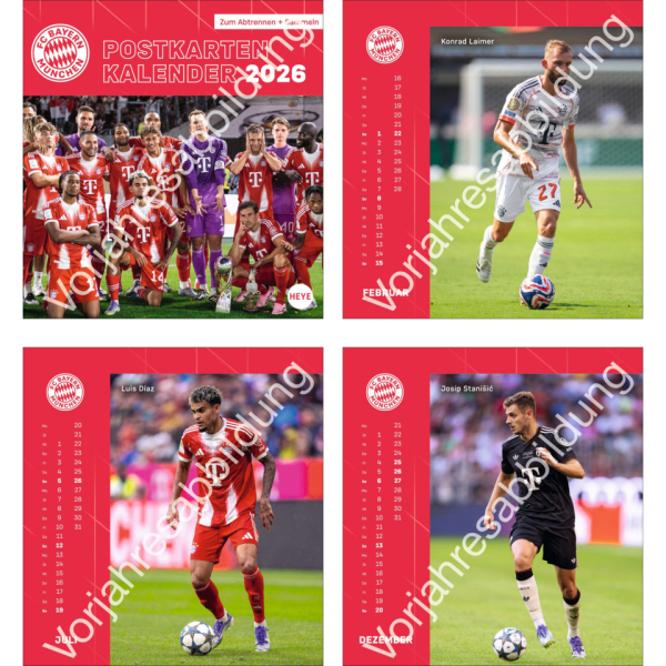 Heye Bildkalender 21043, FC Bayern , 1 Monat / 1 Seite, 16x17cm, Postkartenkalender, mit den besten Fotos der FC Bayern-Stars, rückse