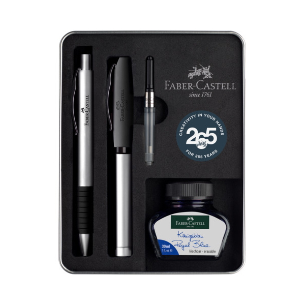 FABER-CASTELL Set Füllhalter Medium und Kugelschreiber Essentio Metall Silber Matt silber