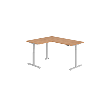 Sitz-Steh-Schreibtisch VXDSM, elektrisch h&ouml;henverstellbar, 127cm (H), 160x180cm (BxT), nussbaum / silber