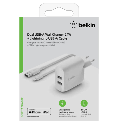 Dual USB-A Ladeger&auml;t, 24W incl. Lightning Kabel 1m, wei&szlig;