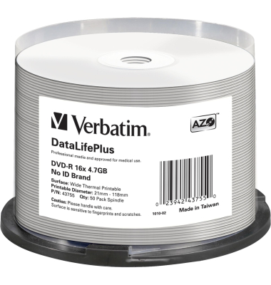 1x50 Verbatim DVD-R 4,7GB 16x white wide thermal print. NO-ID