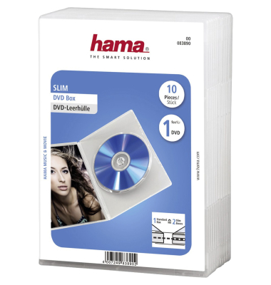 1x10 Hama DVD-Leerh&uuml;lle Slim Transparent 50% Platzersp. 83890