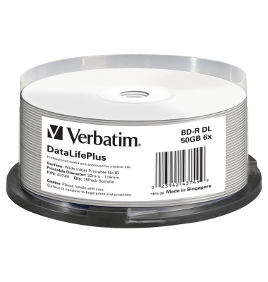 1x25 Verbatim BD-R Blu-Ray 50GB 6x Speed printable Cakebox