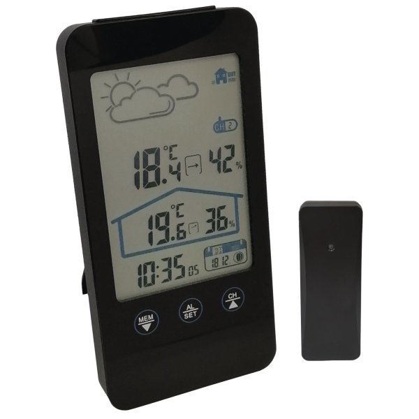 Mebus Wetterstation mit Außensensor, zeigt Temperatur und Luftfeuchtigkeit innen und außen, mit Wettervorhersage und Mondphasen, Displaybeleuchtung, Wecker/Farbe: Schwarz/Modell: 11908, 16 cm