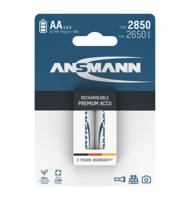 1x2 Ansmann NiMH Akku 2850 Mignon AA 2650 mAh