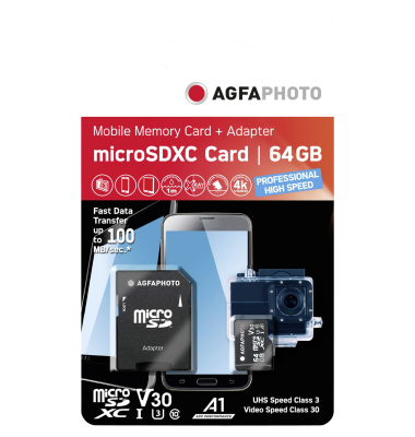 MicroSDXC UHS-I 64GB High Speed C10 U3 V30 + Adapter