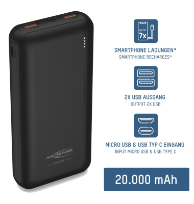 Powerbank 1700-0147, schwarz, 20000 mAh / 74 Wh