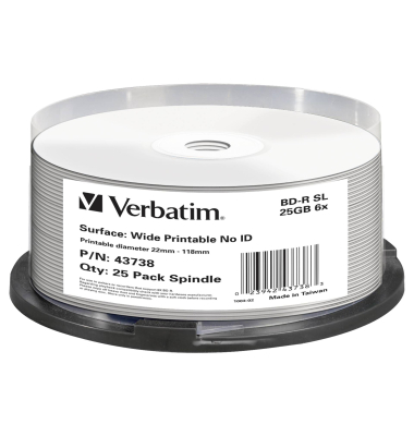 1x25 Verbatim BD-R Blu-Ray 25GB 6x Speed wide printable NO-ID