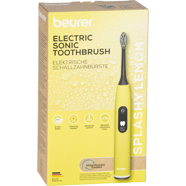 Beurer SC 50 Schallzahnbürste, elektrische Zahnbürste mit 5 Putzmodi & Andrucksensor, 80.000 Schwingungen, Display mit Putzdauer-Anzeige, inkl. 2 Aufsteckbürsten (Splashy Lemon)