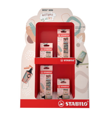 Textmarker-Thekendisplay STABILO BOSS MINI Naturevibes, 16 Etuis mit 72 Textmarkern, sortiert, Limited Edition