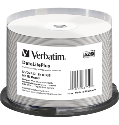 1x50 Verbatim DVD+R Double Layer 8x Speed 8,5GB thermal printable